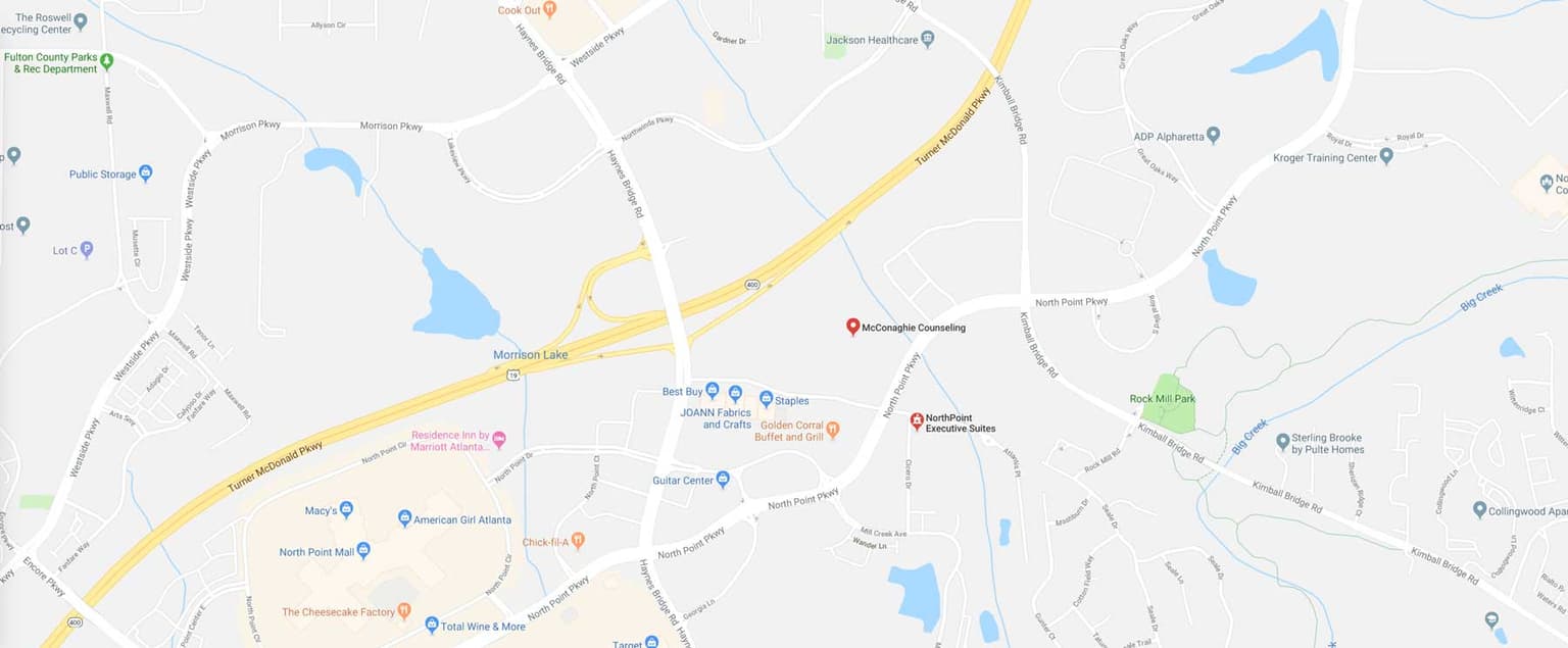 Map showing McConaghie Counseling office location at 5755 North Point Parkway Suite 75, Alpharetta GA 30022
